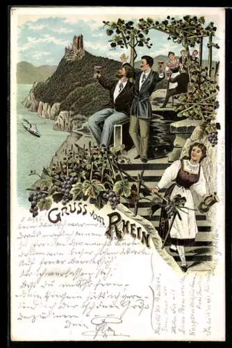AK Gruss vom Rhein, Frauen und Männer mit Weingläsern