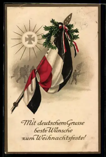 AK Fahne und Tannenzweige, Eisernes Kreuz und Soldaten in Uniform, Weihnachtsgruss