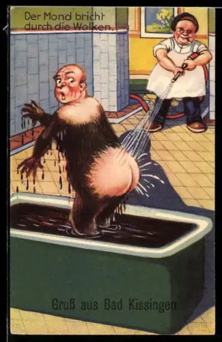 Künstler-AK Bad Nenndorf, Der Mond bricht durch die Wolken, Mann im Moorbad