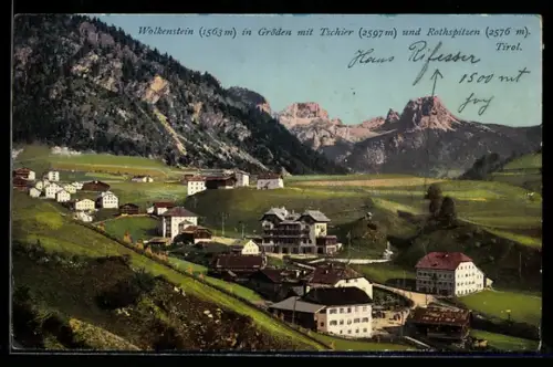 AK Wolkenstein in Gröden, Panorama mit Tschirr und Rothspitzen