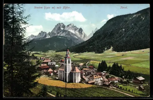 AK Sexten, Panorama mit Kirche und Elfer