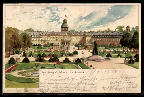 Künstler-Lithographie Heinrich Kley: Karlsruhe, Blick zum Residenz-Schloss
