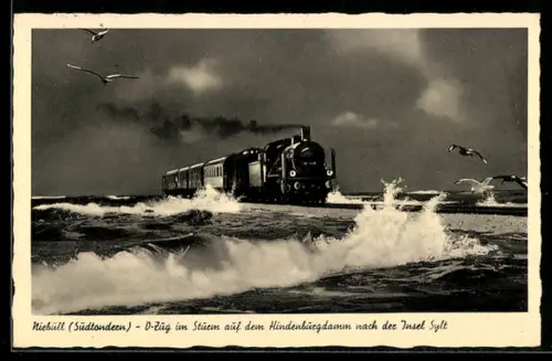 AK Sylt, D-Zug im Sturm auf dem Hindenburgdamm