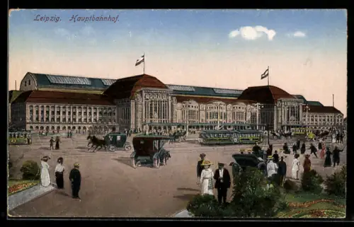 AK Leipzig, Hauptbahnhof mit Strassenbahn und Leuten