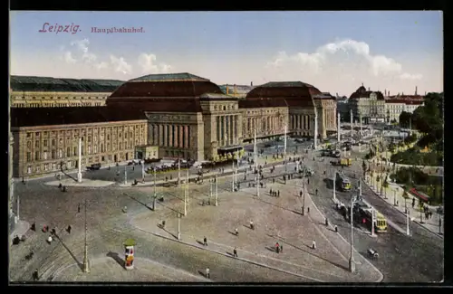AK Leipzig, Hauptbahnhof und Umgebung mit Strassenbahnen