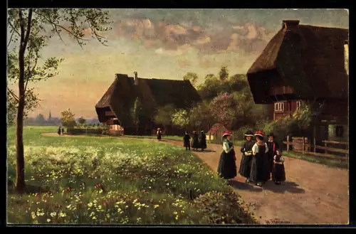 Künstler-AK H. Hoffmann: Sonntag-Morgen, Leute in Sonntagstracht