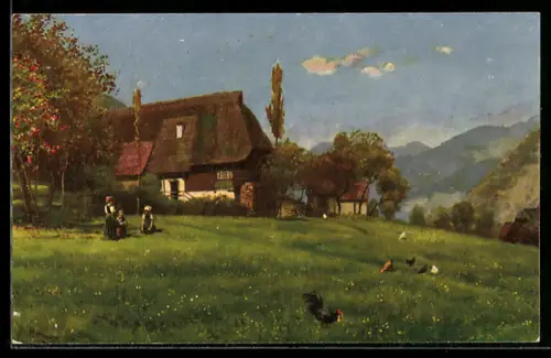 Künstler-AK H. Hoffmann: Schwarzwaldhaus auf der Höhe, Partie vor Schwarzwaldhaus