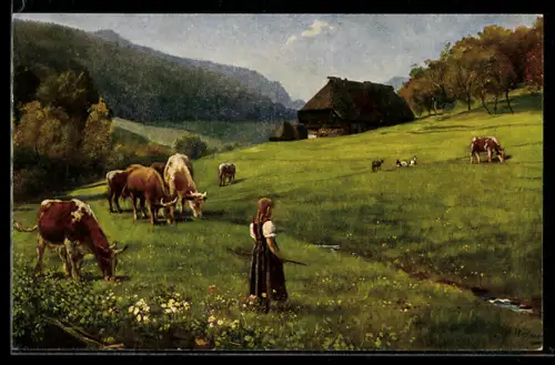 Künstler-AK H. Hoffmann: Weidende Kuhherde