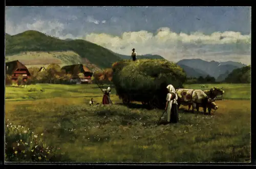 Künstler-AK H. Hoffmann: Heuernte im Schwarzwald, Bäuerinnen auf dem Feld mit Ochsenkarren