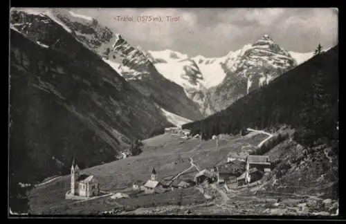 AK Trafoi, Ortsansicht mit Kirche und Alpen-Panorama