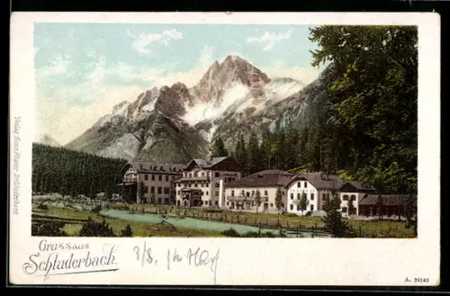 AK Schluderbach, Ortspartie mit Bergen