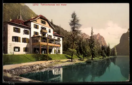 AK Toblach, Partie am Hotel mit See