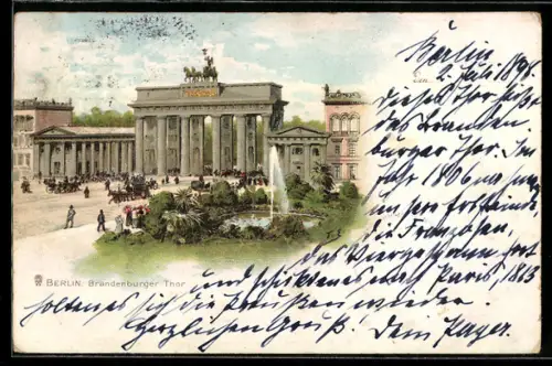 Lithographie Berlin, Brandenburger Tor mit Anlagen auf dem Pariser Platz