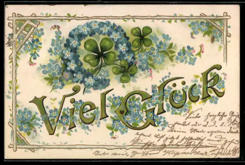 AK Hufeisen aus Vergissmeinnicht mit Kleeblättern, Glückwunsch