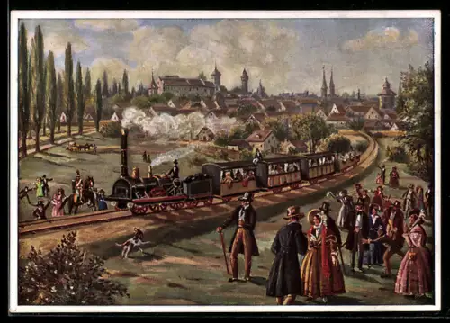 AK Ludwigsbahn zwischen Nürnberg und Fürth 1835, erste Eisenbahn
