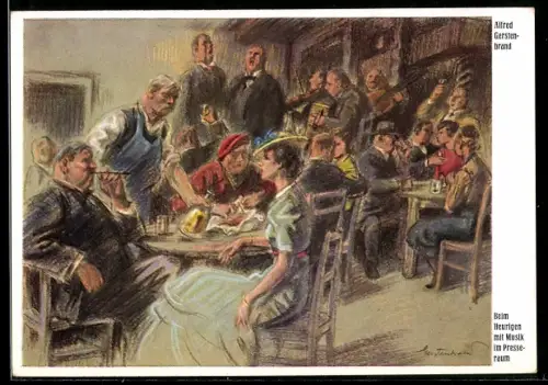 Künstler-AK Alfred Gerstenbrand: Szene einer vollbesetzten Gaststätte mit Musik