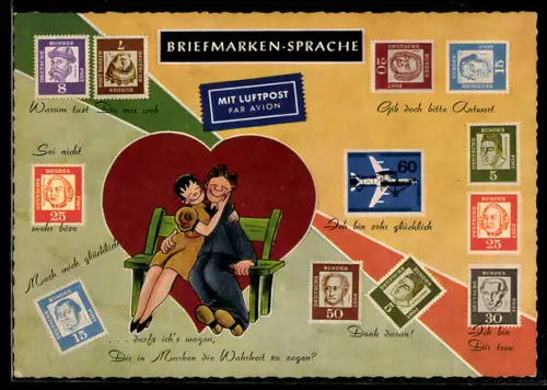 AK Briefmarkensprache, verliebtes Paar auf einer Bank