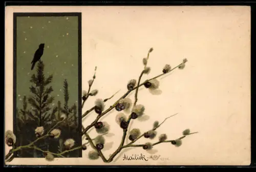 Künstler-AK Alfred Mailick: Singender Vogel auf einer Tannenspitze bei Dämmerung, Weidenkätzchen