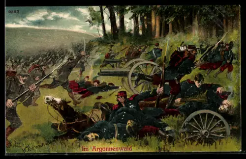 AK Argonnerwald, deutsche Infanterie stürmt französische Artilleriestellung