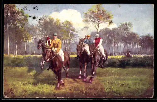 AK Jockeys springen mit ihren Pferden über ein Hindernis