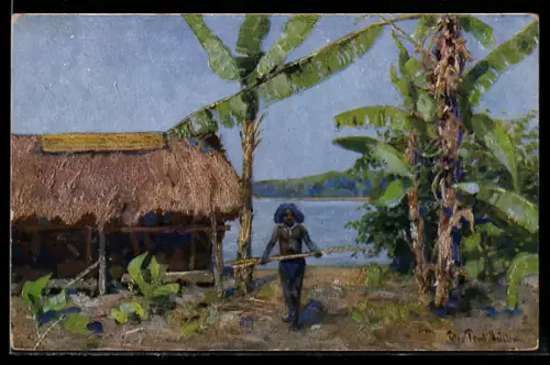 Künstler-AK sign. Peter Paul Müller: Papua, Einheimischer mit Hütte