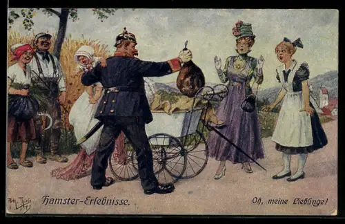 Künstler-AK A. Thiele: Hamster-Erlebnisse, Frau hat einen Sack im Kinderwagen