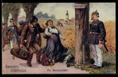 Künstler-AK Arthur Thiele: Hamster-Erlebnisse: Preussischer Soldat neben erschöpften Reisenden