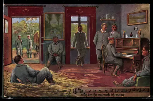 AK Soldaten in einem Quartier mit Klavier in Feindesland