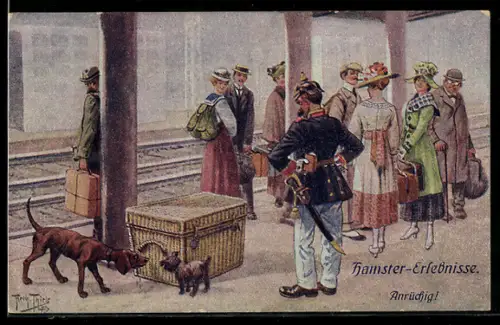 Künstler-AK A. Thiele: Hamster Erlebnisse, Polizist bemerkt Hunde die am verdächtigen Korb schnüffeln