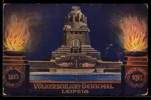 AK Leipzig, Völkerschlachtdenkmal zwischen zwei Feuerschalen