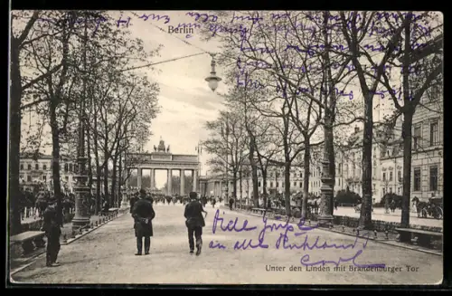 AK Berlin, Unter den Linden mit Blick zum Brandenburger Tor