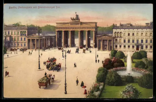 AK Berlin, Pariserplatz mit Brandenburger Tor aus der Vogelschau, Springbrunnen, Omnibus