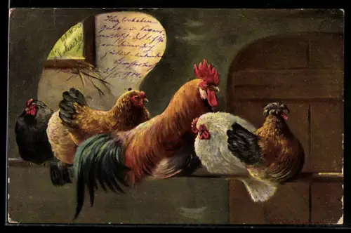 Künstler-AK August Müller - München: Hahn und Hennen auf der Stange