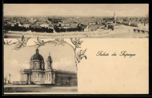 AK Superga, Veduta panoramica e Basilica di Superga con decorazione floreale
