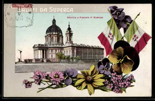 AK Superga, Basilica e Piazzale di Superga, fiori e bandiere
