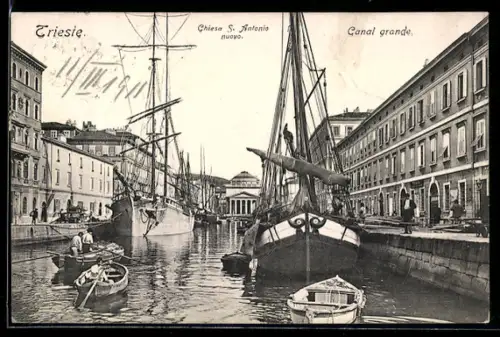 AK Trieste, Chiesa S. Antonio Nuovo e Canal Grande con navi a vela