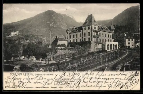 AK Meran-Obermais, Schloss Labers, Bergpanorama, Gartenanlagen