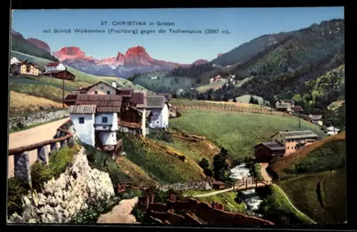 AK St. Christina in Gröden, Teilansicht gegen Tschierspitze, mit Brücke u. Strasse