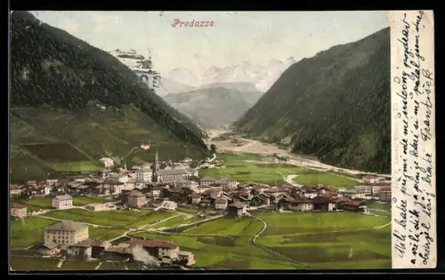 AK Predazzo, Veduta panoramica della città circondata da montagne