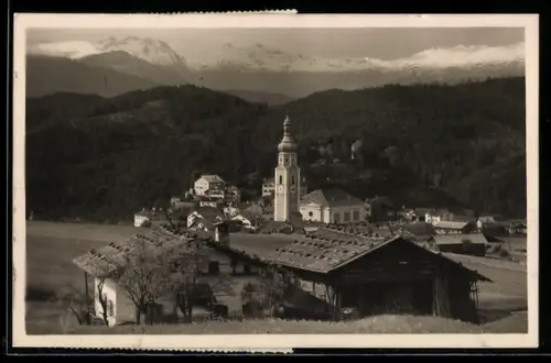 AK Castelrotto, Vista panoramica con chiesa e montagne sullo sfondo