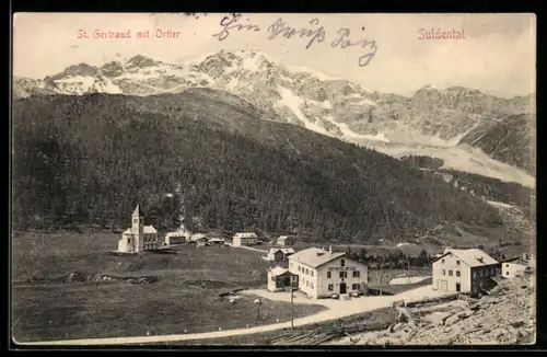 AK St. Gertraud /Suldental, Vista panoramica del villaggio alpino con Ortler
