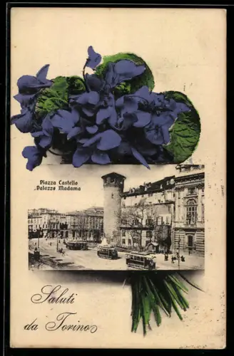 AK Torino, Piazza Castello e Palazzo Madama con tram e fiori