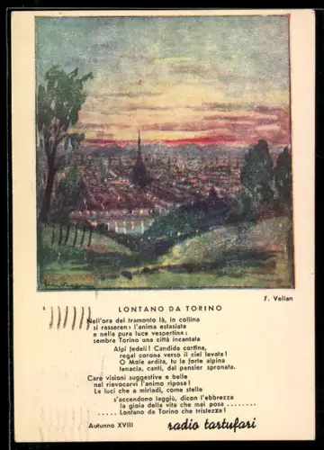 AK Torino, Lontano da Torino con paesaggio al tramonto e testo poetico di F. Vellan