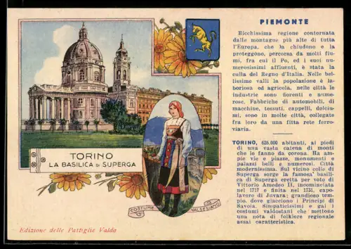 AK Torino, La Basilica di Superga con costume tradizionale Valsesiano