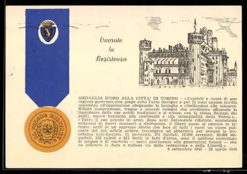 AK Torino, Medaglia d`Oro alla Resistenza con illustrazione del Castello Medievale
