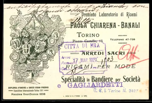 AK Torino, Premiato Laboratorio di Ricami, Paola Chiarena-Banali, specialità in bandiere e gagliardetti