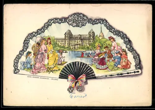 AK Torino, Casa Mamma Domenica, Illustrazione di un ventaglio con scena elegante d`epoca