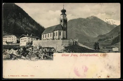 AK Unser Frau /Schnalserthal, Vista della chiesa con montagne sullo sfondo in Tirolo