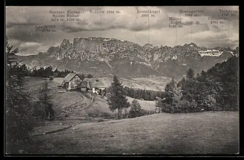 AK Klobenstein, Rappesbuhlhof mit Blick auf Rosengarten, Kesselkogel und Schlern