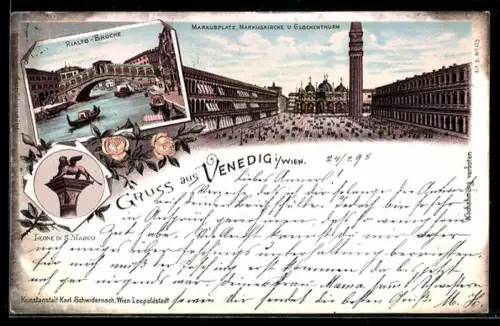 Lithographie Venezia, Piazza San Marco con chiesa e campanile, Ponte di Rialto con gondole